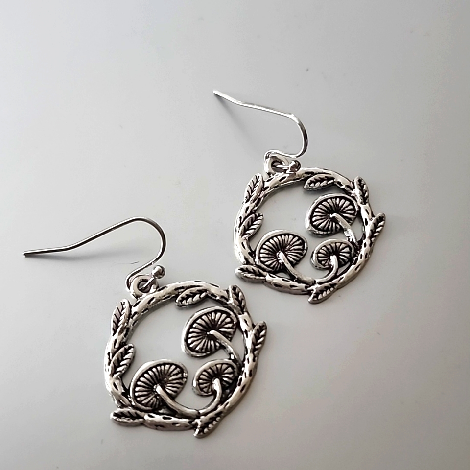 Fairy Garden Mushroom,Lattice Silver, Earrings,